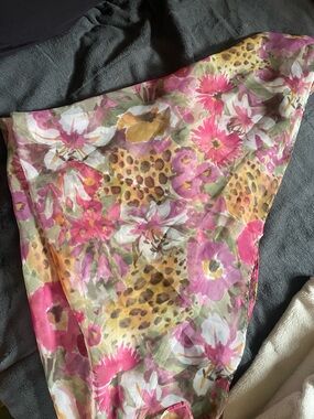 Floral & Leopard Print Lightweight Scarf - Pink, Yellow, Green